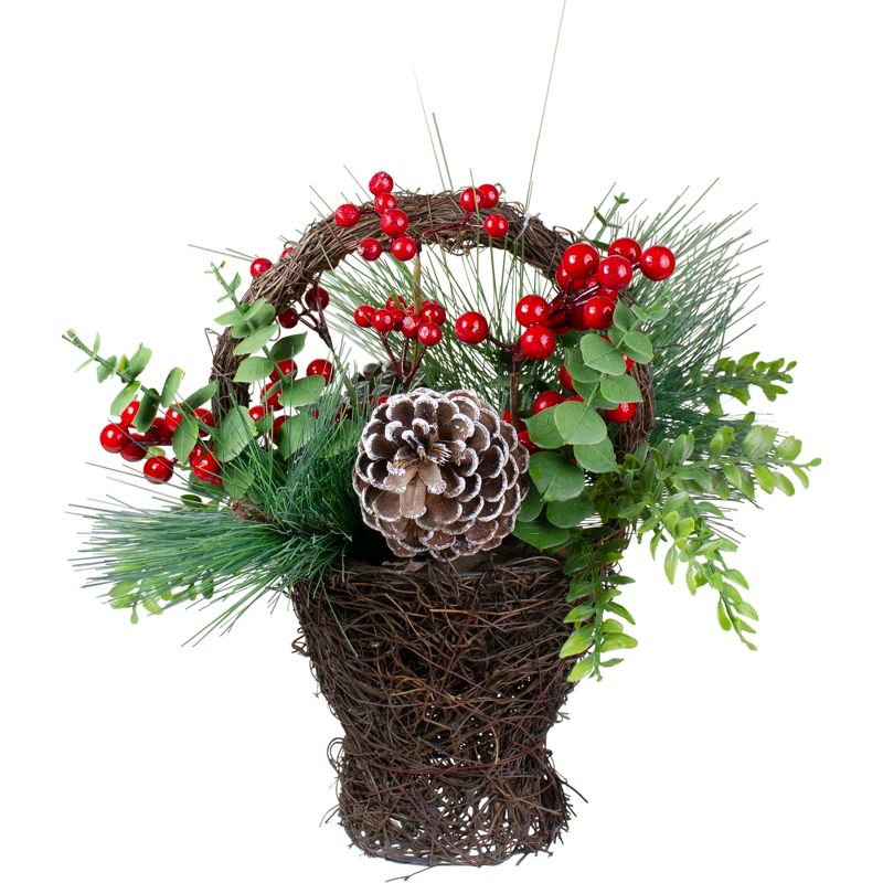 Northlight 15" Eucalyptus Pine and Berry Artificial Christmas Grapevine Basket, 1 of 6