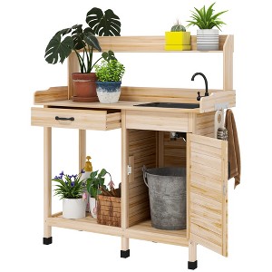 Outsunny Garden Potting Bench Table with Sink, Lockable Storage Cabinet and Open Shelf, Outdoor Planting Workstation with Steel Tabletop - 1 of 4