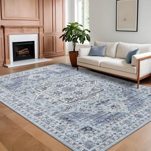 Vintage Machine Area Rug  Non Shedding Soft Distressed Flower Printed Indoor Carpet Non Slip Floor Mat - 1 of 4