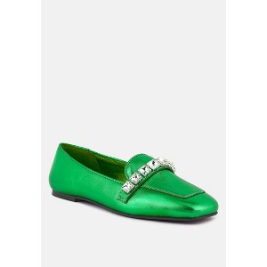 Churros Green Metallic Diamante Leather Loafers - 1 of 4