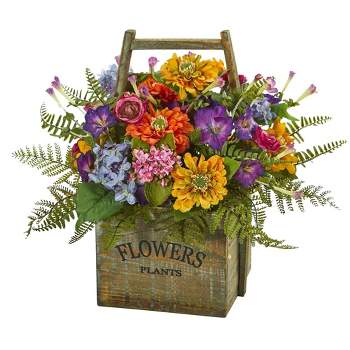 Nearly Natural 15-in Mixed Floral Artificial Arrangement in Wood Basket
