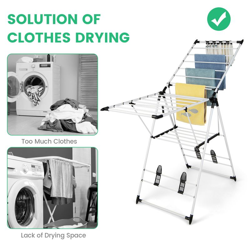 SKONYON 2 Level Clothes Drying Rack Laundry Clothes Storage Portable Folding Dryer Hanger Height Adjustable with Expandable Gullwings, 2 of 9