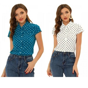 INSPIRE CHIC Women's Short Sleeve Vintage Polka Dots Button Up Blouse 2 Packs - 1 of 4