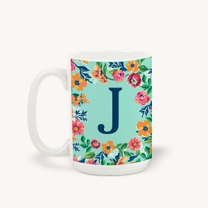 Personalization Mall Flowery Initial Coffee Mug, 15 Oz., Blue Aqua - 1 of 1