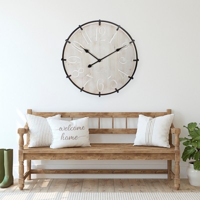 23.5" Black Metal and Light Brown Wood Rustic Round Wall Clock