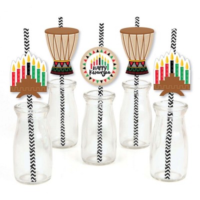 Big Dot of Happiness Happy Kwanzaa - Paper Straw Decor - Party Striped Decorative Straws - Set of 24