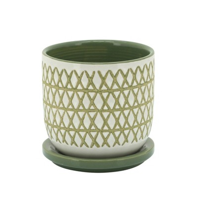 Sagebrook Home 5" "X" Ceramic Planter with Saucer Olive