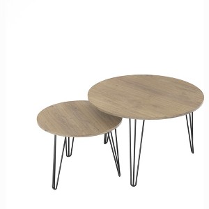 PDTEND 27.56'' Round Nesting Coffee Table Set of 2 with Wooden Tabletop and Sturdy Metal Base - 1 of 4