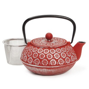 Juvale Red Cast Iron Floral Teapot Kettle with Stainless Steel Infuser Set, Japanese Tea Pot for Kitchen Pantry, 34 oz - 1 of 4