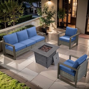 Buenhomino Patio Rattan Furniture Set 4-Piece Outdoor PE Wicker Conversation Set with 50,000BTU Fire Pit Table - 1 of 4