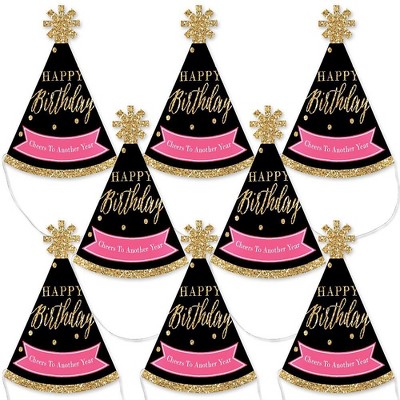 Big Dot of Happiness Chic Happy Birthday - Pink, Black and Gold - Mini Cone Birthday Party Hats - Small Little Party Hats - Set of 8