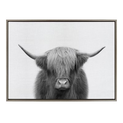 28" x 38" Sylvie Hey Dude Highland Cow Framed Wall Canvas Gray - Kate & Laurel All Things Decor