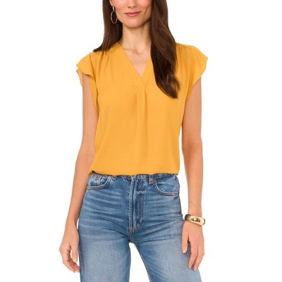 Vince Camuto Womens Split V Neck Georgette Pullover Blouse, Yellow, Small