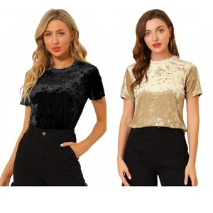 INSPIRE CHIC Women's Velvet Crew Neck Short Sleeve Casual Blouse 2 Packs - 1 of 4