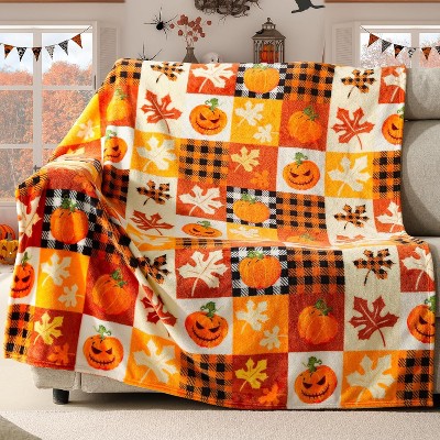 Hachikiko 50"x60"Pumpkin & Leaves Halloween Fleece Throw Blanket, Soft Fuzzy Plush for Kids & Adults