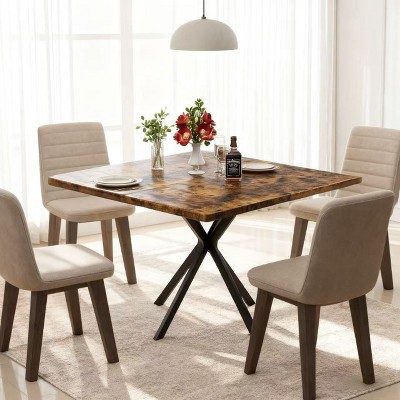 Homy Casa Square Dining Table, Rustic Brown Top with Black Metal Base – Industrial Small-Space Design