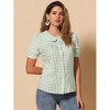 INSPIRE CHIC Women's Plaid Puff Short Sleeve Button Down Peter Pan Collar Shirt - 2 of 4