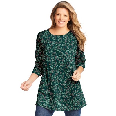 Woman Within Perfect Printed Long-Sleeve Crewneck Tunic
