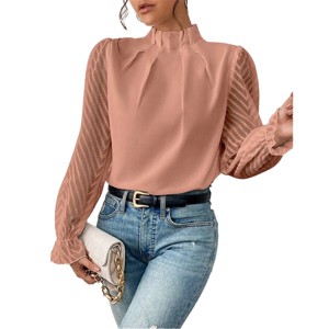 Womens Ruffle Cuff Mesh Sleeve Blouse Mock Neck Shirts with Keyhole Back Elegant Formal Tops Wear To Work Office Business Shirts - 1 of 4