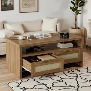 Acekool Bohemian Chic Oak Coffee Table, Rattan Drawers, Gold Handles, 2-Drawer Storage, Modern Mid-Century, Vintage Brown - 1 of 4
