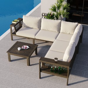 Whisen 4-Piece Acacia Wood Outdoor L-Shaped Sofa Set with Woven Mesh Armrests and Coffee Table - 1 of 4