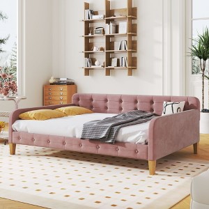 CAVINAS Twin/Full Size Pine Wood Daybed Bed Frame with Upholstered Headboard & Armrest,No Box Spring Needed - 1 of 4