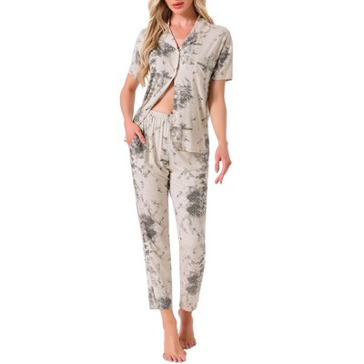 INSPIRE CHIC Women's Longewear Button Up Tencel Floral Ink Wash Pattern Short Sleeve Notched Collar Pants Set with Pockets