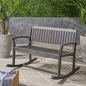 KWPZQEB Outdoor Wood Rocking Bench, Patio Rocking Loveseat with Armrests, Slatted Seat & Backrest, Outside Adirondack Rocker for Backyard, Garden - 1 of 4