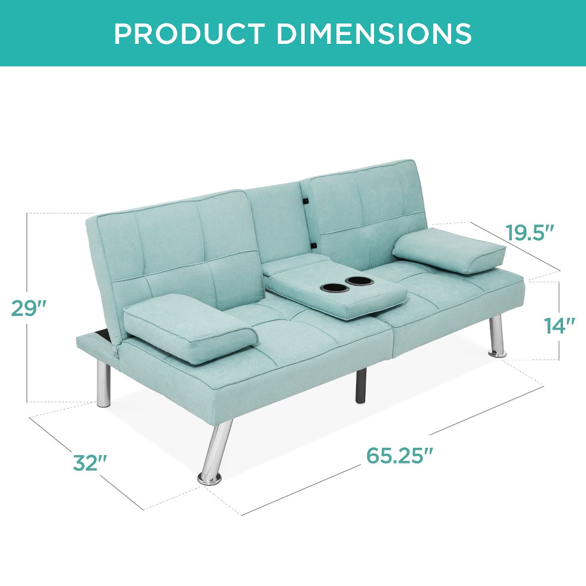 Best Choice Products Modern Linen Convertible Futon Sofa Bed w/ Removable Armrests, Metal Legs, Cupholders - Beige - thumbnail 7