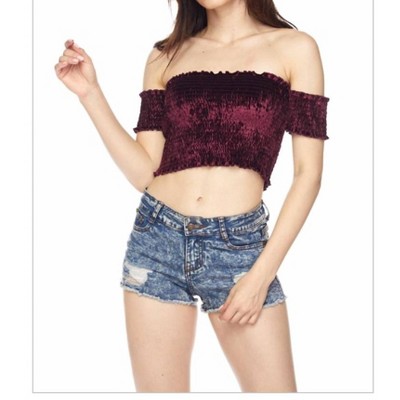 Women's Velvet Off the Shoulder Crop Top - Blue Blush