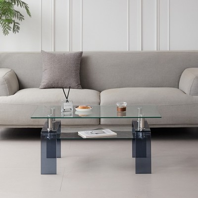 VYNXARIA Modern Tempered Glass Coffee Table with 2-Tier Storage and Smoke Legs