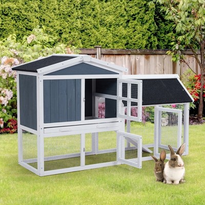 Garvee 54''Rabbit Hutch-Two Floors Wooden Cage, Wooden Pet House Cage with Run, Pull Out Tray