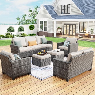 Garvee 9 Seats Outdoor Wicker Sectional Conversation Set, 6 Pieces Rattan Patio Furniture Set for Garden, Poolside, Backyard, Gray