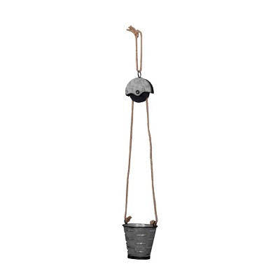 Olive Bucket Galvanized Metal and Jute Hanging Planter with Pulley - Foreside Home & Garden