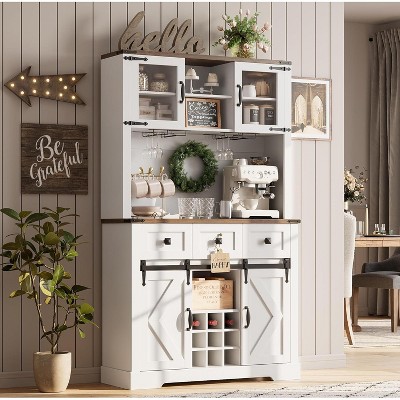 Homhougo 72" Farmhouse Bar Cabinet with Sliding Barn Door, Storage Hutch & Drawers, Wine Rack Sideboard for Dining Room