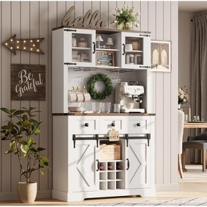 Homhougo 72" Farmhouse Bar Cabinet with Sliding Barn Door, Storage Hutch & Drawers, Wine Rack Sideboard for Dining Room - 1 of 4