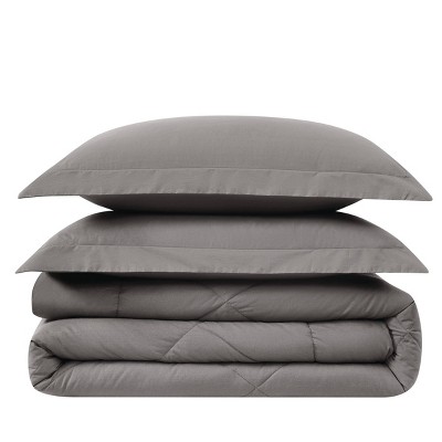 Gray Cotton Percale King Comforter Set with Down Alternative Fill