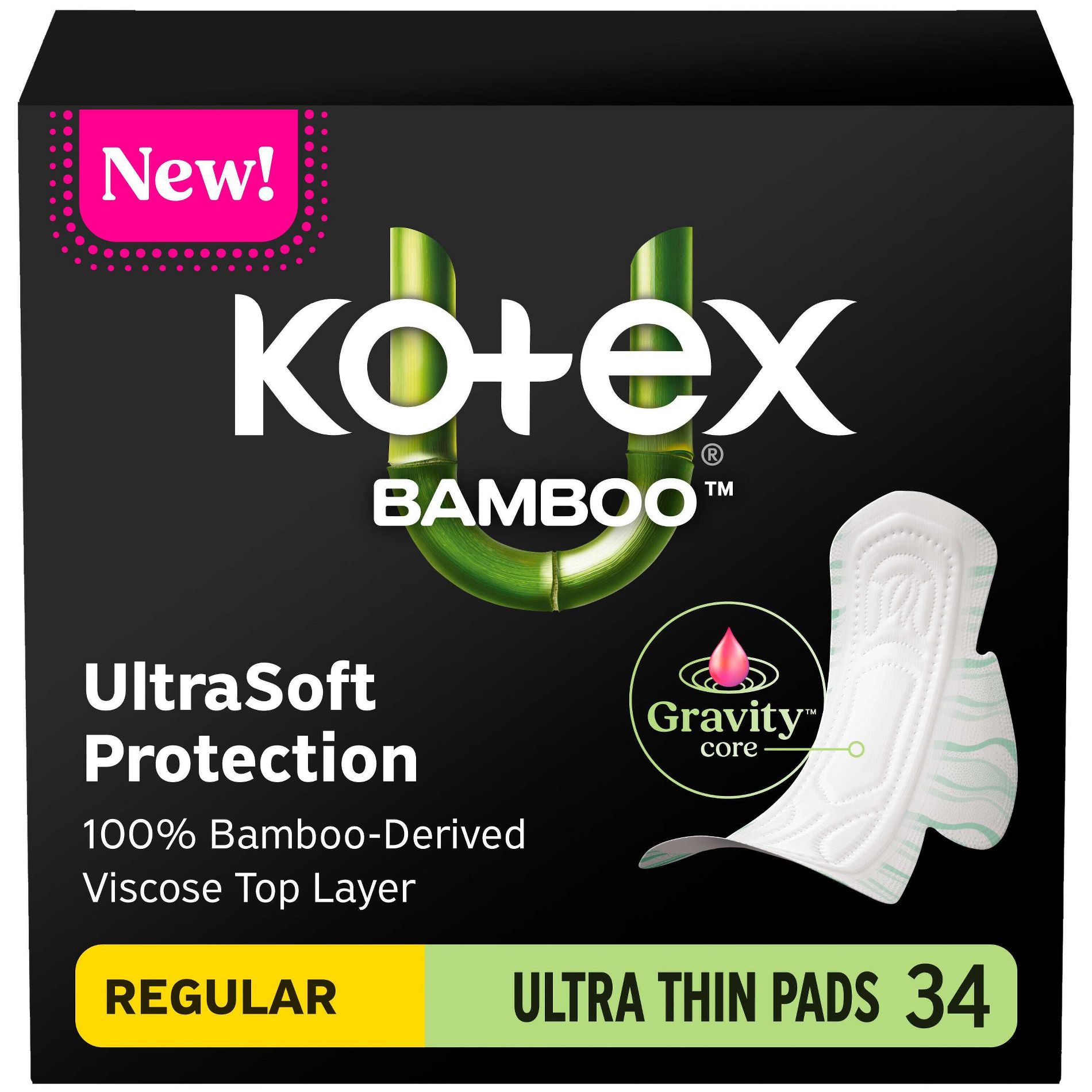Kotex Bamboo Ultra-Thin Regular Absorbency Pads with Wings - 34ct