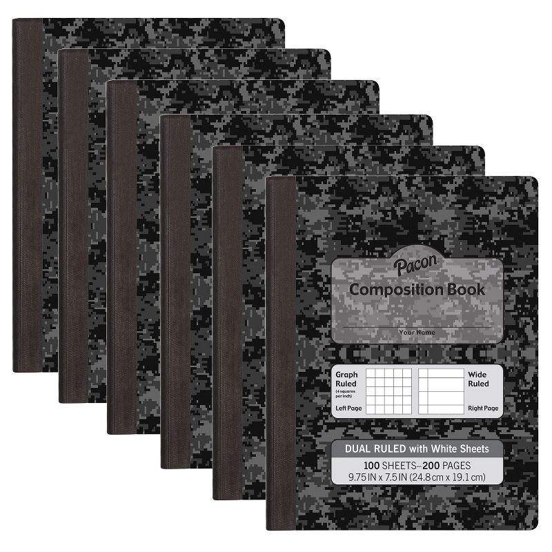 Pacon® Dual Ruled Composition Book, Dark Gray Marble, 1/4" Grid & 3/8" Wide Ruled, 9-3/4" x 7-1/2", 100 Sheets, Pack of 6, 1 of 3
