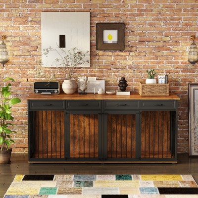Famapy Large Dog Crate with Dual - Room: Brown Wood Grain,Metal Frame Ample Storage & Sturdy Build