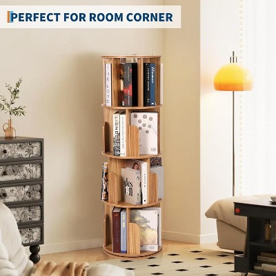 Acekool 4-Tier Wooden Rotating Bookshelf, 360° Swivel Floor Bookcase, Space-Saving Organizer for Living Room, Kids & Adults