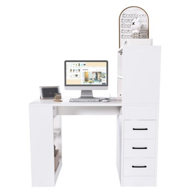 Vynxaria Home Office Computer Desk with 4-in-1 Charging Socket, 15mm Thick Density Board Desk 3 Drawers and 4 Tier Storage