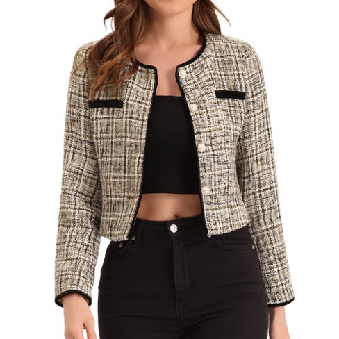 Allegra K Women's Elegant Contrast Piping Round Neck Button Front Long  Sleeve Tweed Blazer : Target