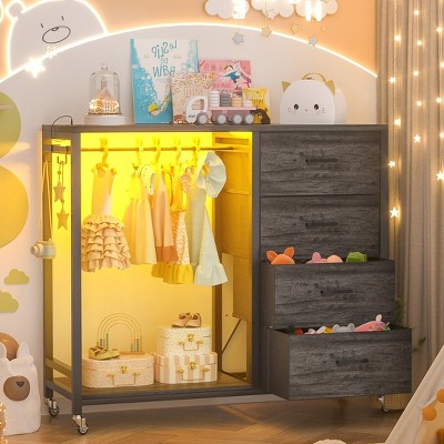 Aheaplus Dressers with Clothes Rack, Charging Station and Led Light, 4 Drawers Dresser for Bedroom