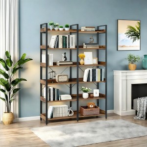 YONWAY 67" 6-Tier Industrial Wooden Bookshelf with Open Shelves – Freestanding Metal Frame Bookcase for Bedroom, Living Room & Office Storage Display - 1 of 4