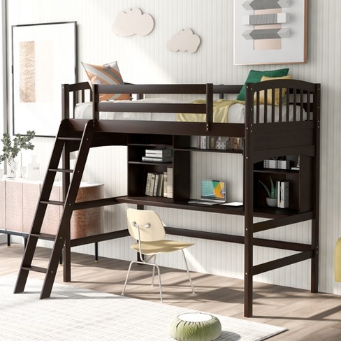 Twin Size Loft Bed With Storage Shelves, Desk And Ladder, Espresso ...