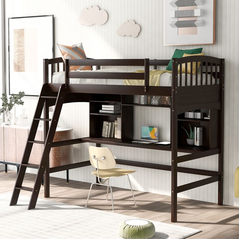 Twin size Loft Bed with Storage Shelves, Desk and Ladder - ModernLuxe, 1 of 8