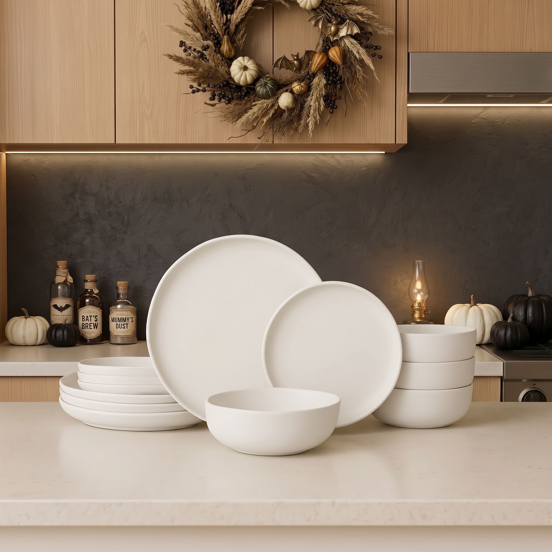 GreenElevate 12-Piece Stoneware Dishes Dinnerware Set for 4, Matte Plates and Bowls, Microwave & Dishwasher Safe for Halloween Fall Party Dinner Gift