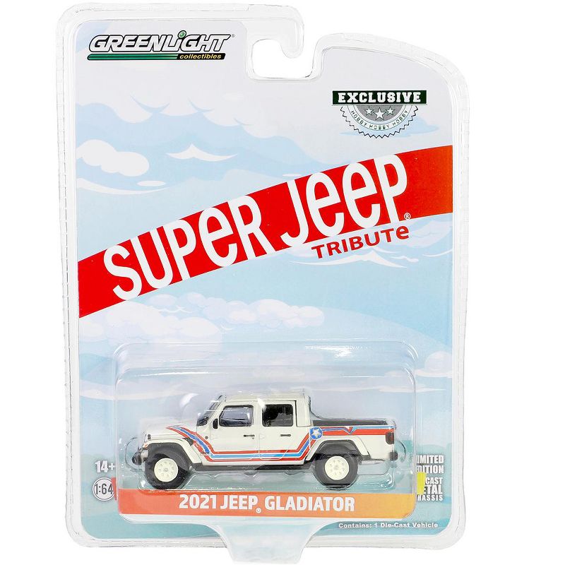 2021 Jeep Gladiator Truck "Super Jeep Tribute" White w/Red & Blue "Hobby Exclusive" Series 1/64 Diecast Model Car by Greenlight, 3 of 4