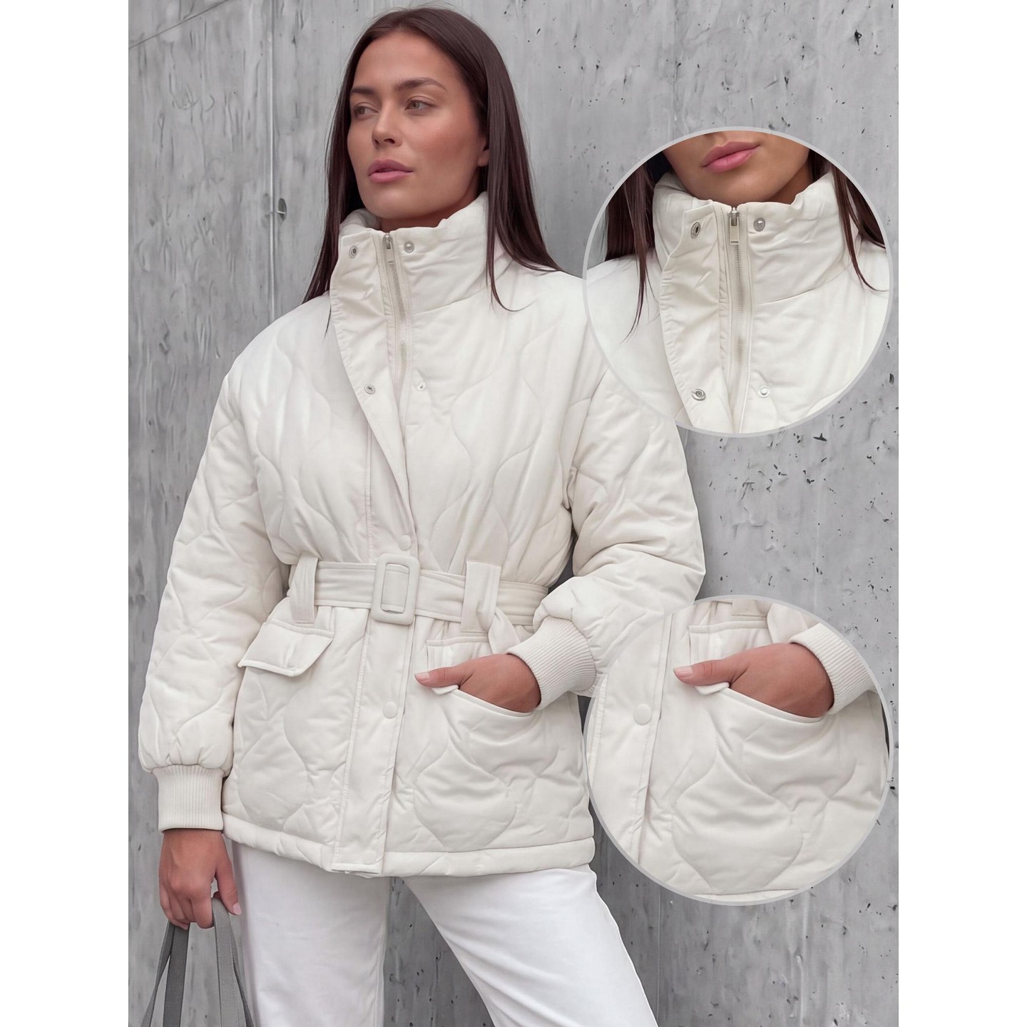 Женская куртка INSPIRE CHIC Stand Collar Balloon Sleeve Belted Zip Up Quilted Lightweight Winter Puffer Coats X Large Beige, цвет: Бежевый — фото 2